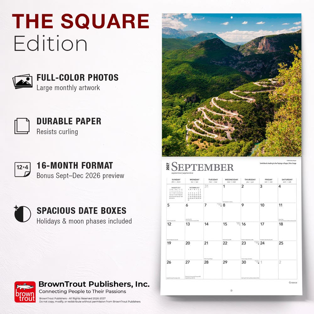 Greece | 2027 12 x 24 Inch (Hanging) Monthly Square Wall Calendar