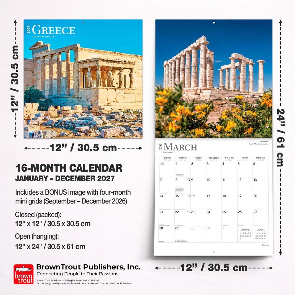 Greece | 2027 12 x 24 Inch (Hanging) Monthly Square Wall Calendar