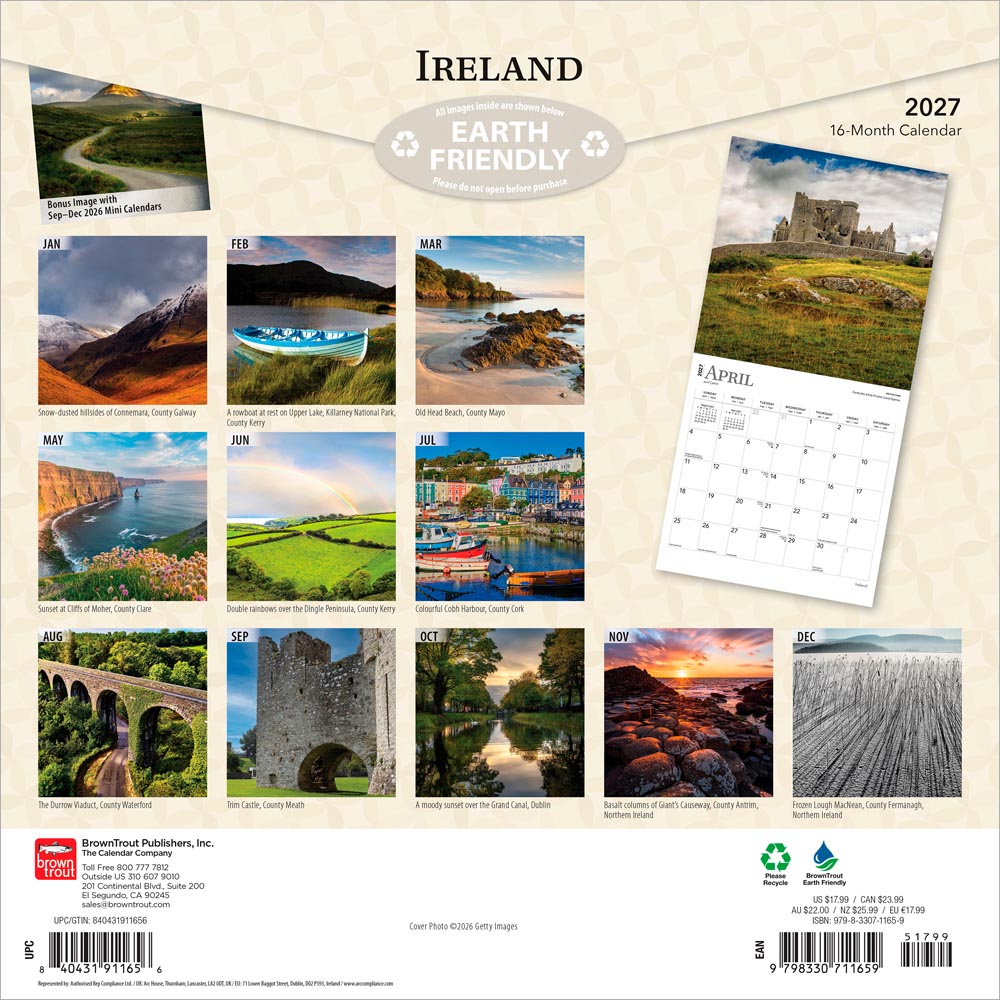 Ireland | 2027 12 x 24 Inch (Hanging) Monthly Square Wall Calendar
