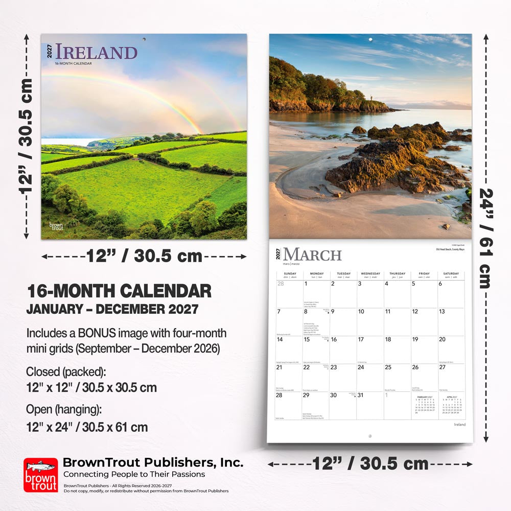 Ireland | 2027 12 x 24 Inch (Hanging) Monthly Square Wall Calendar
