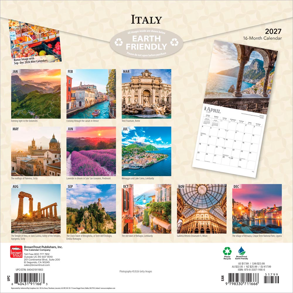 Italy | 2027 12 x 24 Inch (Hanging) Monthly Square Wall Calendar
