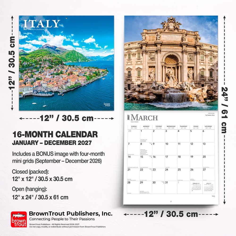 Italy | 2027 12 x 24 Inch (Hanging) Monthly Square Wall Calendar
