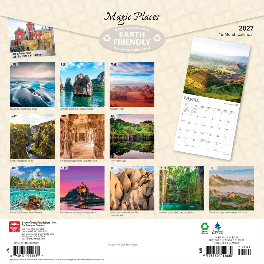 Magic Places | 2027 12 x 24 Inch (Hanging) Monthly Square Wall Calendar | Foil Stamped Cover