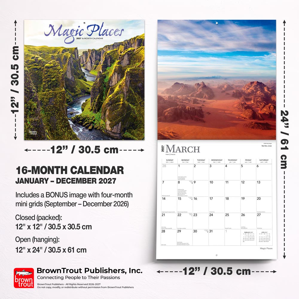 Magic Places | 2027 12 x 24 Inch (Hanging) Monthly Square Wall Calendar | Foil Stamped Cover