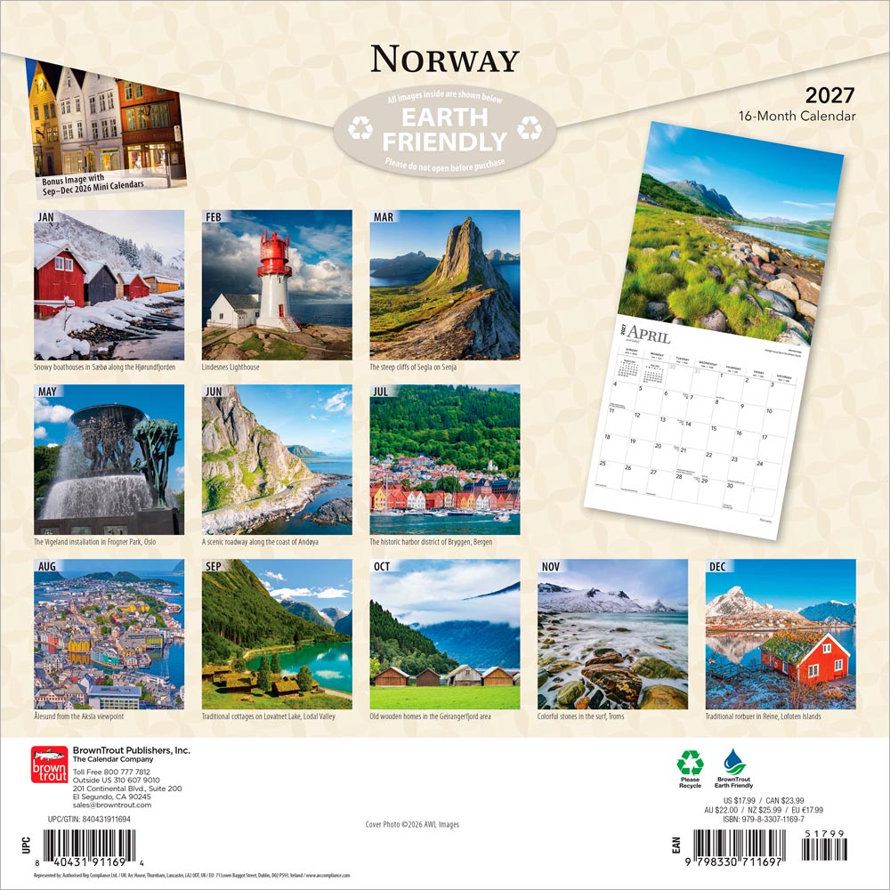 Norway | 2027 12 x 24 Inch (Hanging) Monthly Square Wall Calendar