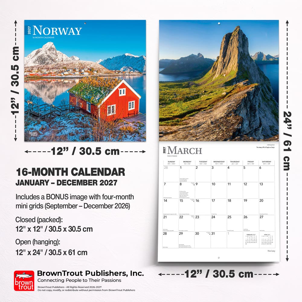 Norway | 2027 12 x 24 Inch (Hanging) Monthly Square Wall Calendar