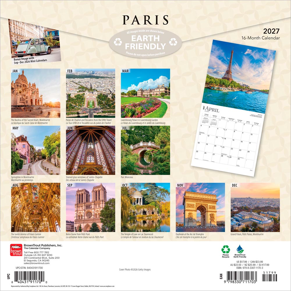 Paris | 2027 12 x 24 Inch (Hanging) Monthly Square Wall Calendar | Foil Stamped Cover | English/French Bilingual