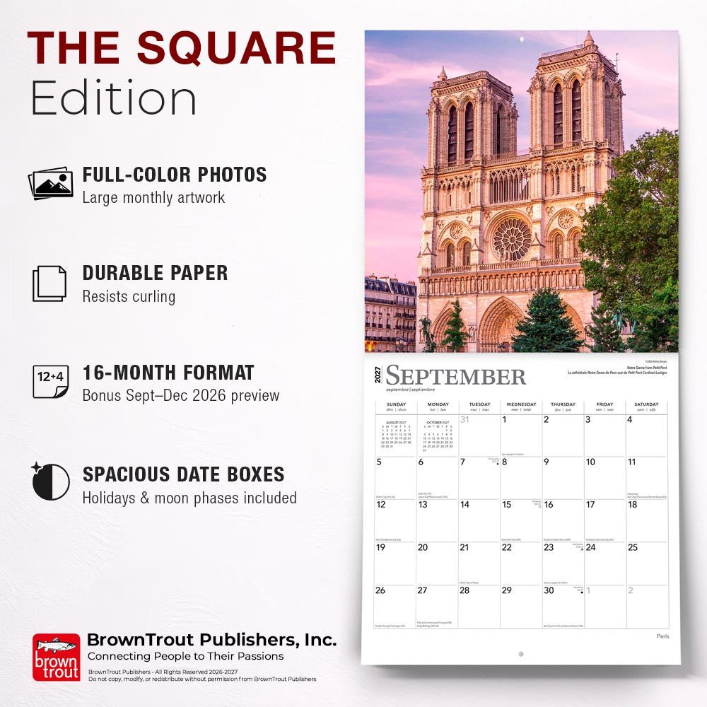 Paris | 2027 12 x 24 Inch (Hanging) Monthly Square Wall Calendar | Foil Stamped Cover | English/French Bilingual