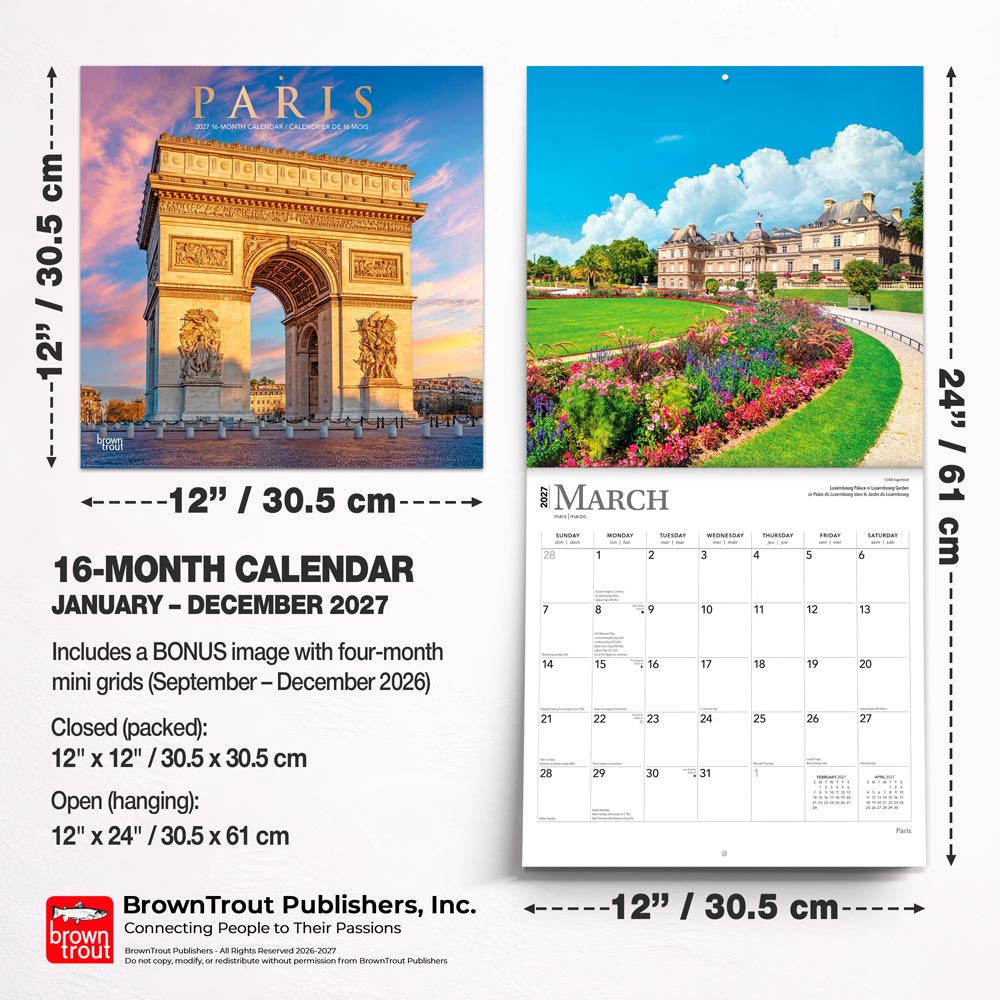 Paris | 2027 12 x 24 Inch (Hanging) Monthly Square Wall Calendar | Foil Stamped Cover | English/French Bilingual