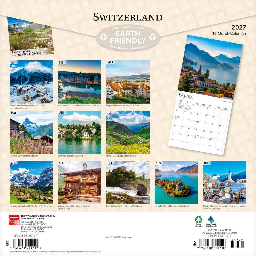 Switzerland | 2027 12 x 24 Inch (Hanging) Monthly Square Wall Calendar