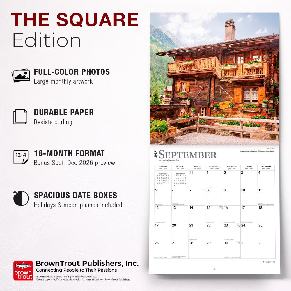 Switzerland | 2027 12 x 24 Inch (Hanging) Monthly Square Wall Calendar