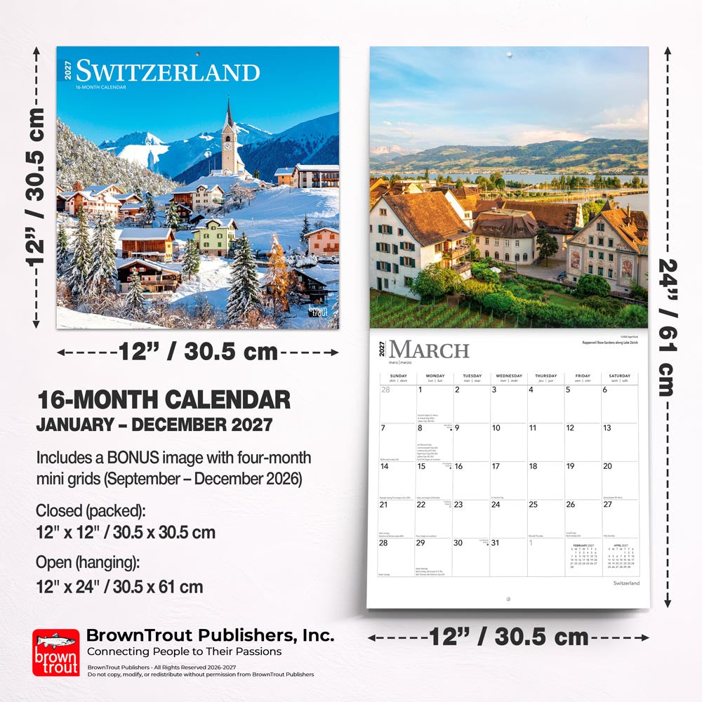 Switzerland | 2027 12 x 24 Inch (Hanging) Monthly Square Wall Calendar
