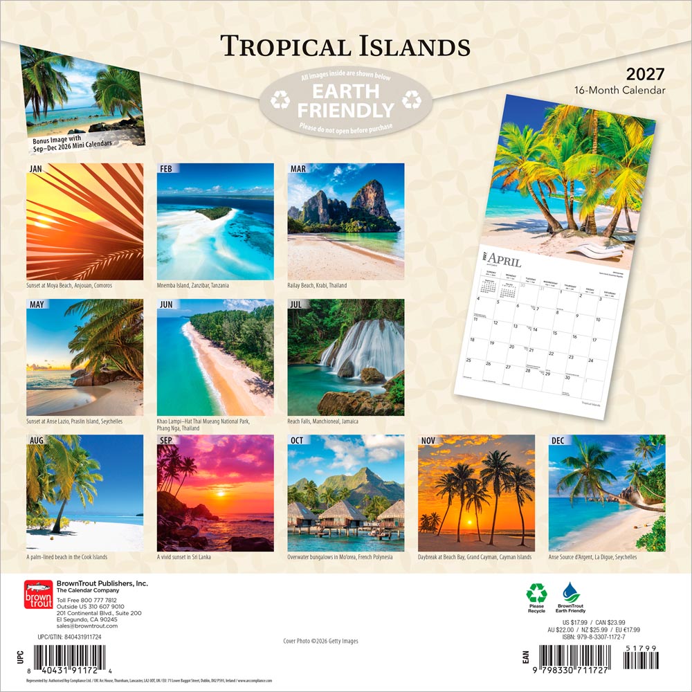 Tropical Islands | 2027 12 x 24 Inch (Hanging) Monthly Square Wall Calendar | Foil Stamped Cover