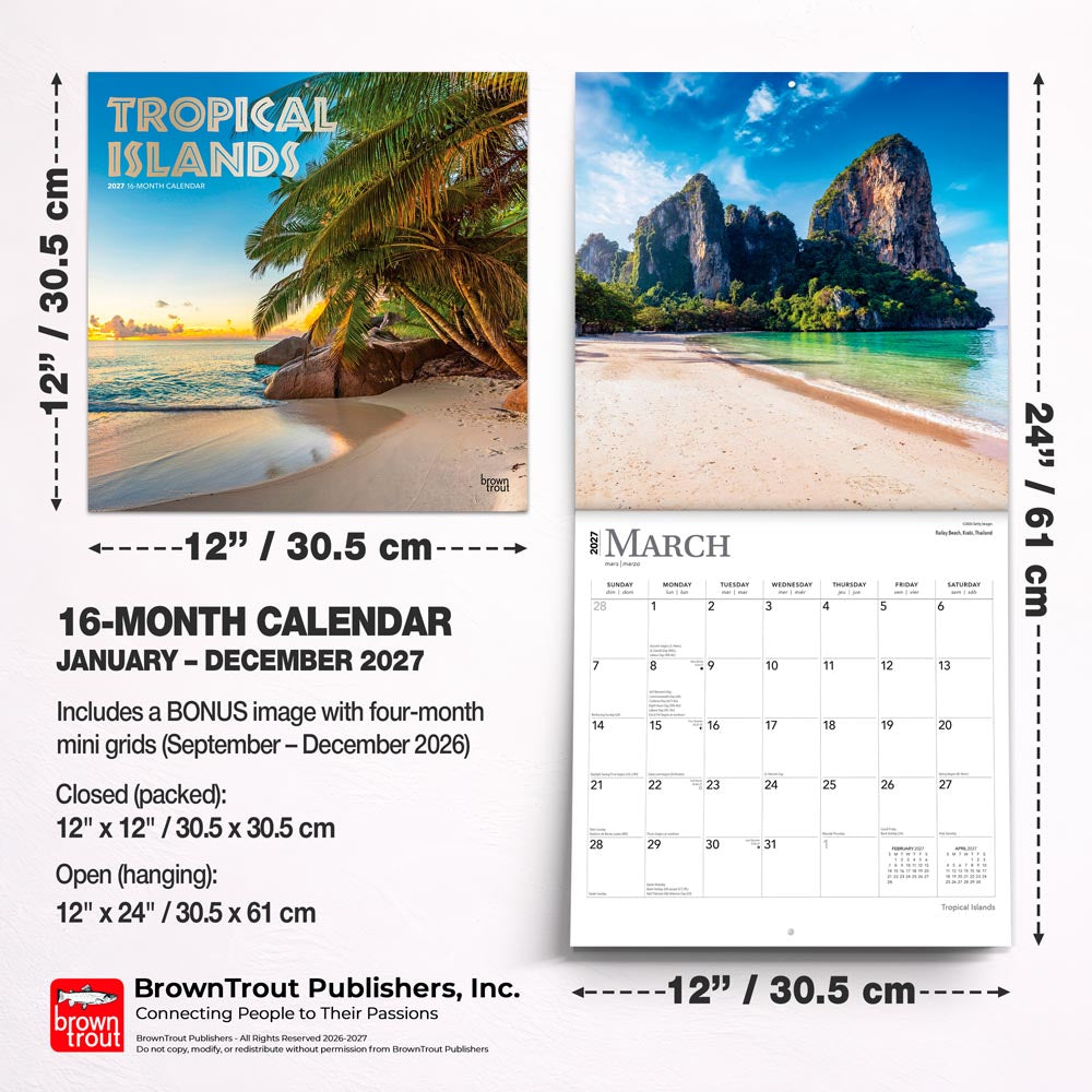 Tropical Islands | 2027 12 x 24 Inch (Hanging) Monthly Square Wall Calendar | Foil Stamped Cover