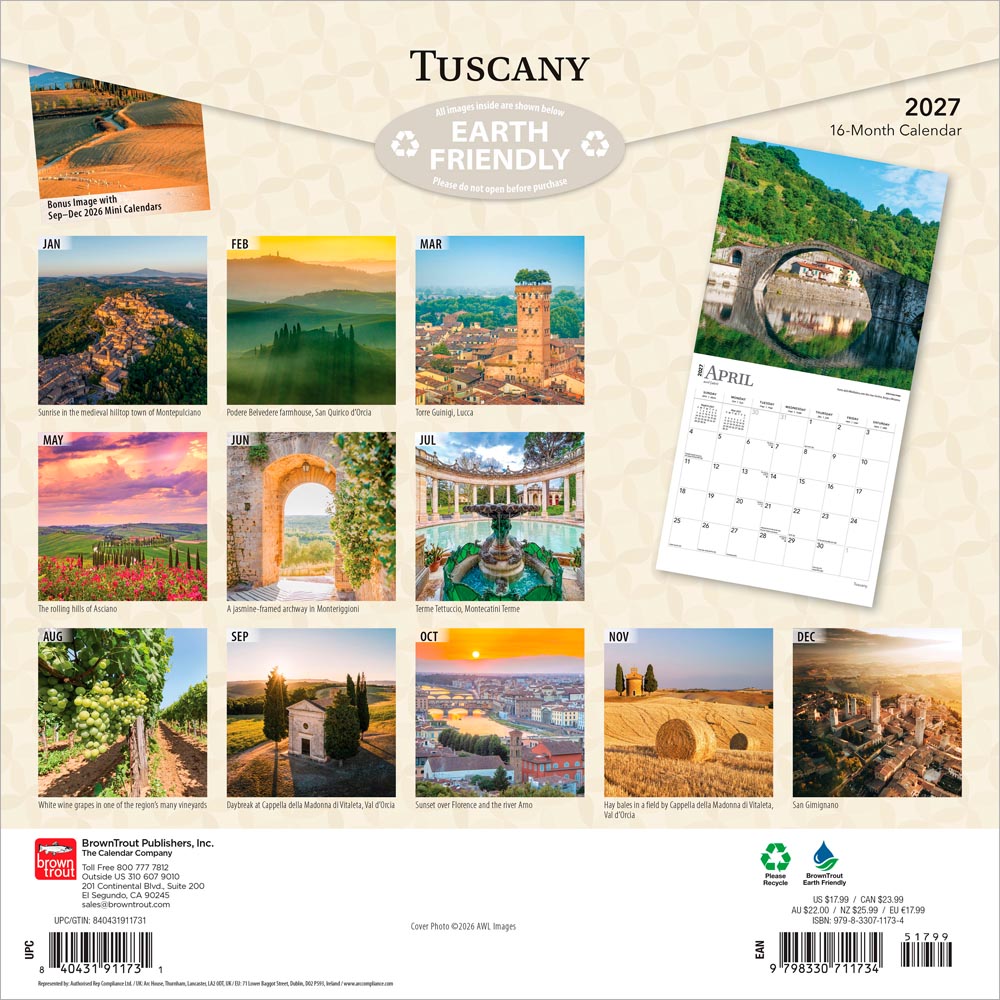 Tuscany | 2027 12 x 24 Inch (Hanging) Monthly Square Wall Calendar