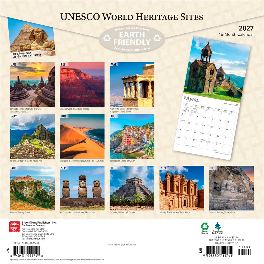 UNESCO World Heritage Sites | 2027 12 x 24 Inch (Hanging) Monthly Square Wall Calendar | Foil Stamped Cover