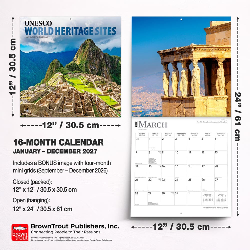 UNESCO World Heritage Sites | 2027 12 x 24 Inch (Hanging) Monthly Square Wall Calendar | Foil Stamped Cover
