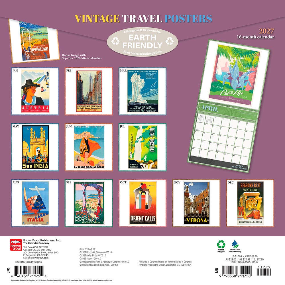 Vintage Travel Posters | 2027 12 x 24 Inch (Hanging) Monthly Square Wall Calendar