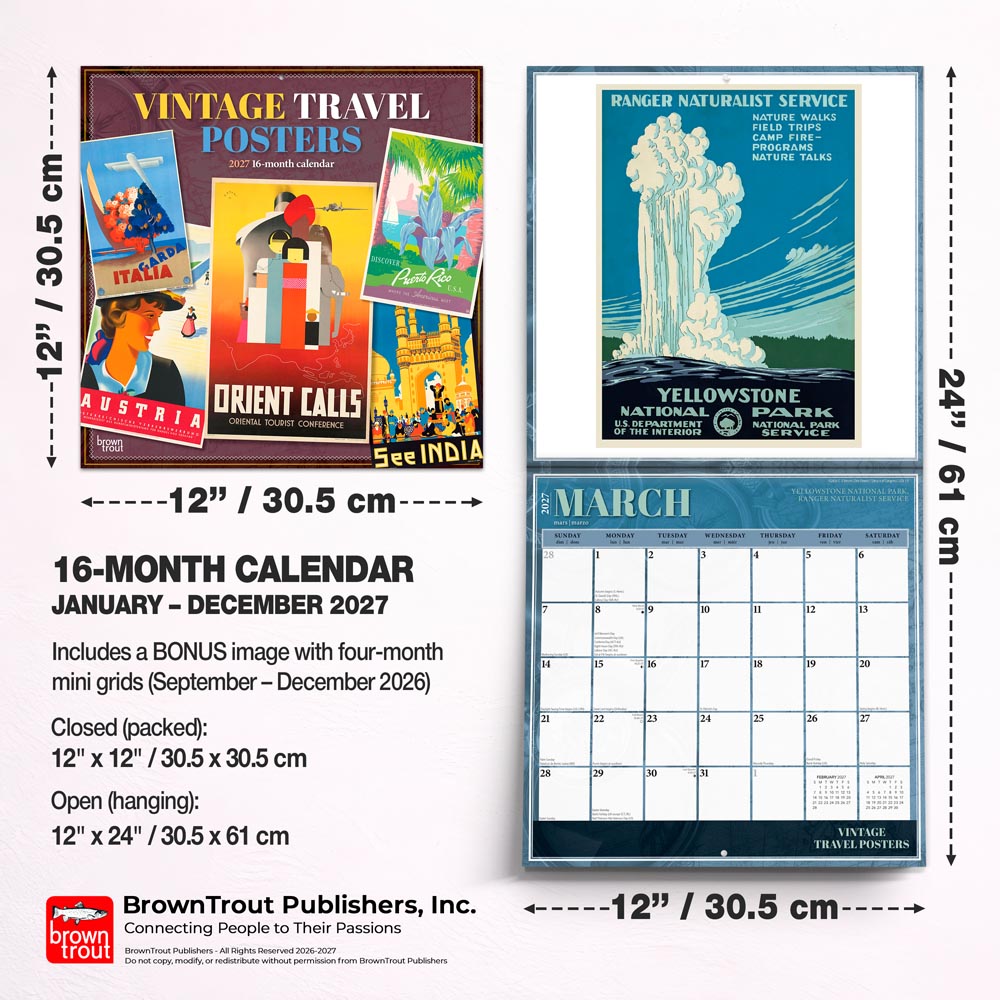 Vintage Travel Posters | 2027 12 x 24 Inch (Hanging) Monthly Square Wall Calendar