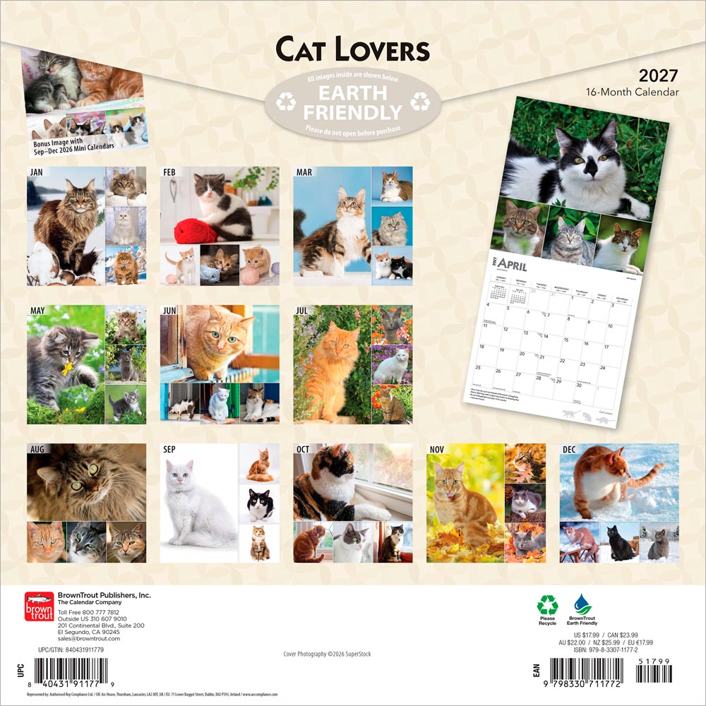 Cat Lovers | 2027 12 x 24 Inch (Hanging) Monthly Square Wall Calendar | Foil Stamped Cover