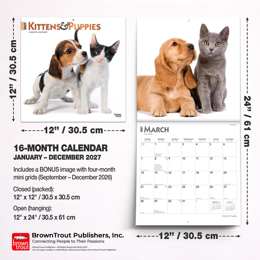 Kittens & Puppies | 2027 12 x 24 Inch (Hanging) Monthly Square Wall Calendar | Foil Stamped Cover