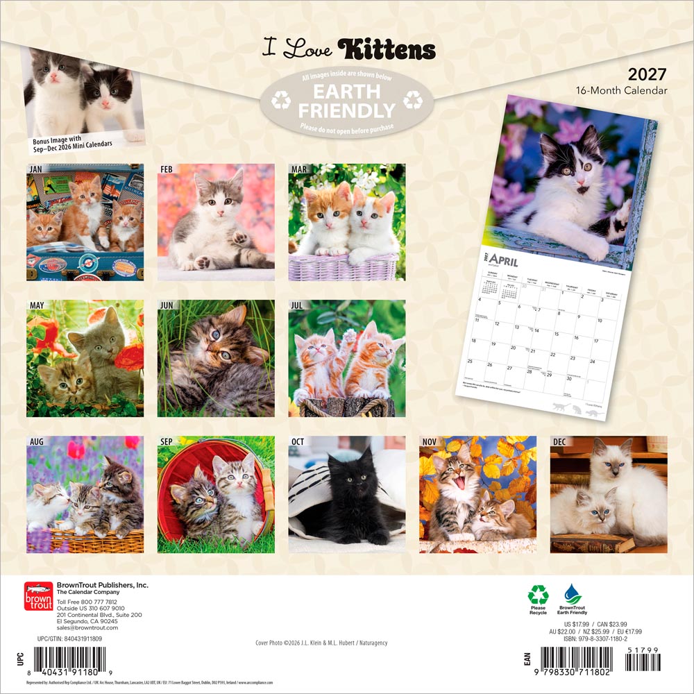 I Love Kittens | 2027 12 x 24 Inch (Hanging) Monthly Square Wall Calendar