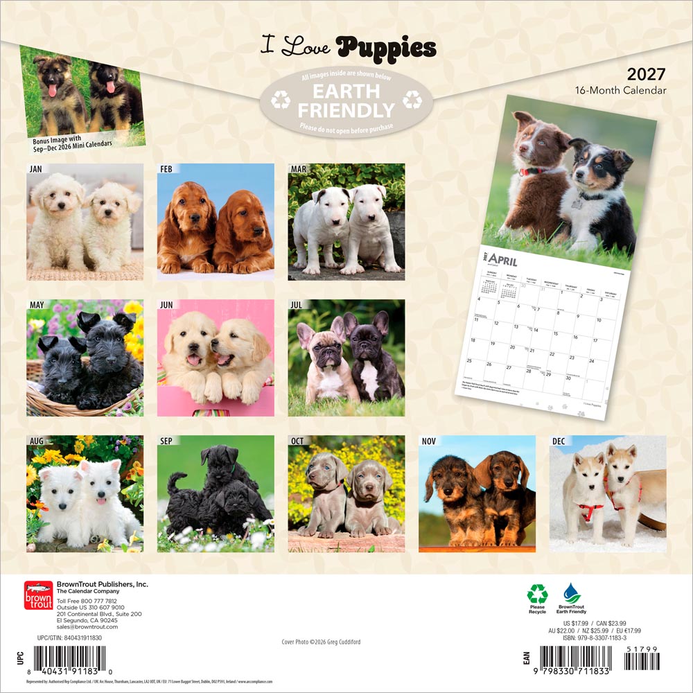 I Love Puppies | 2027 12 x 24 Inch (Hanging) Monthly Square Wall Calendar