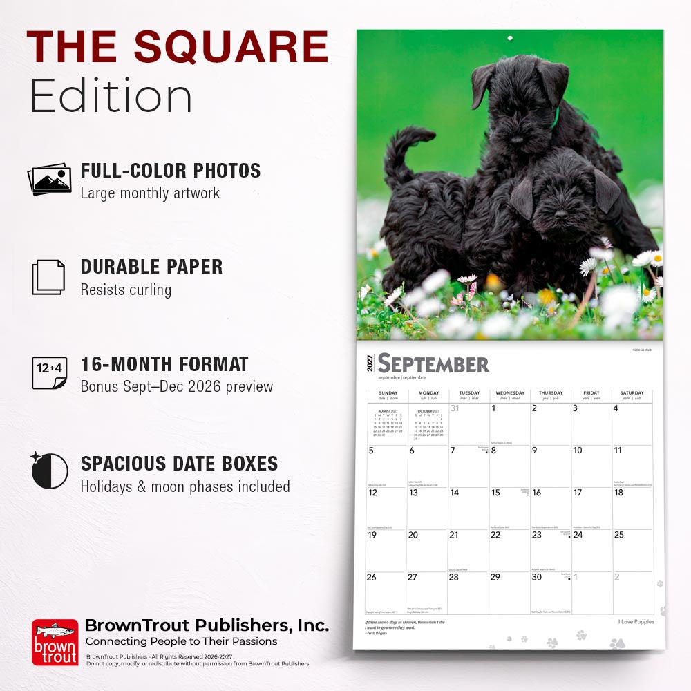 I Love Puppies | 2027 12 x 24 Inch (Hanging) Monthly Square Wall Calendar