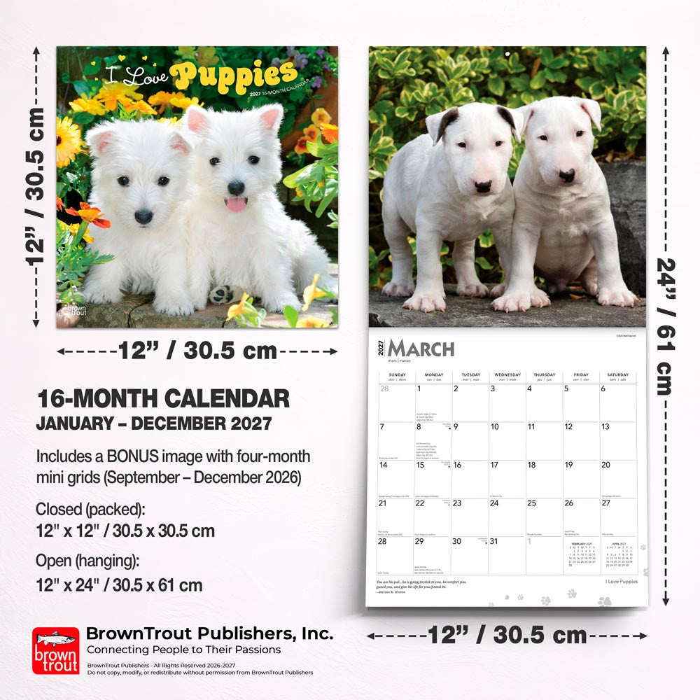 I Love Puppies | 2027 12 x 24 Inch (Hanging) Monthly Square Wall Calendar
