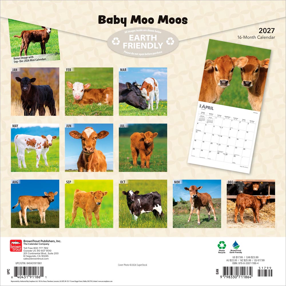 Baby Moo Moos | 2027 12 x 24 Inch (Hanging) Monthly Square Wall Calendar