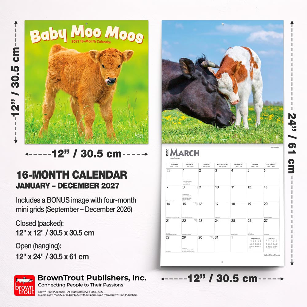 Baby Moo Moos | 2027 12 x 24 Inch (Hanging) Monthly Square Wall Calendar