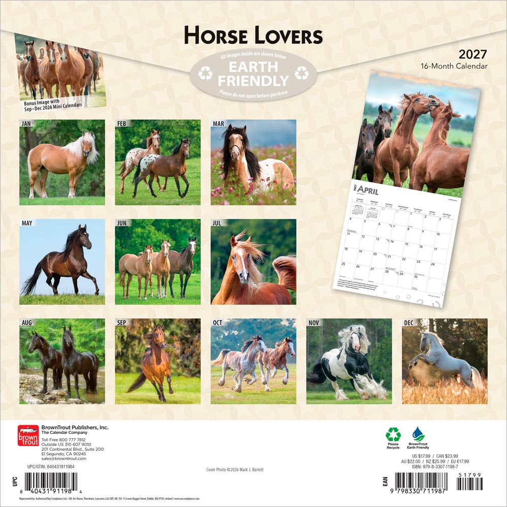 Horse Lovers | 2027 12 x 24 Inch (Hanging) Monthly Square Wall Calendar