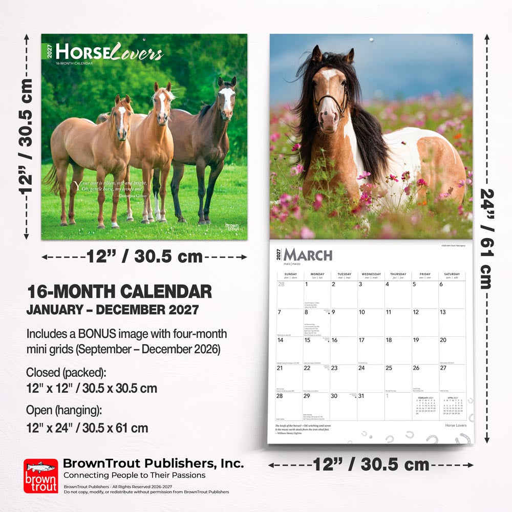Horse Lovers | 2027 12 x 24 Inch (Hanging) Monthly Square Wall Calendar