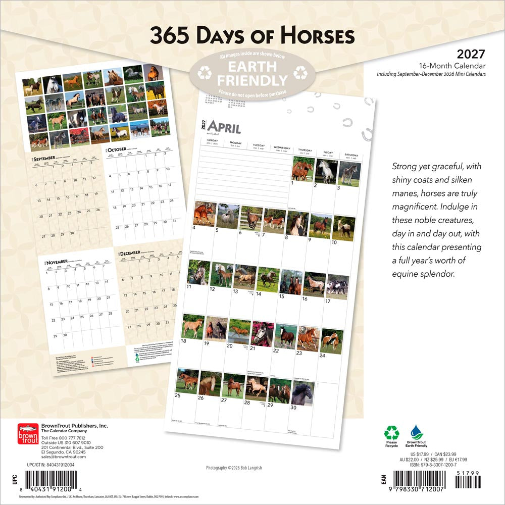 365 Days of Horses | 2027 12 x 24 Inch (Hanging) Monthly Square Wall Calendar
