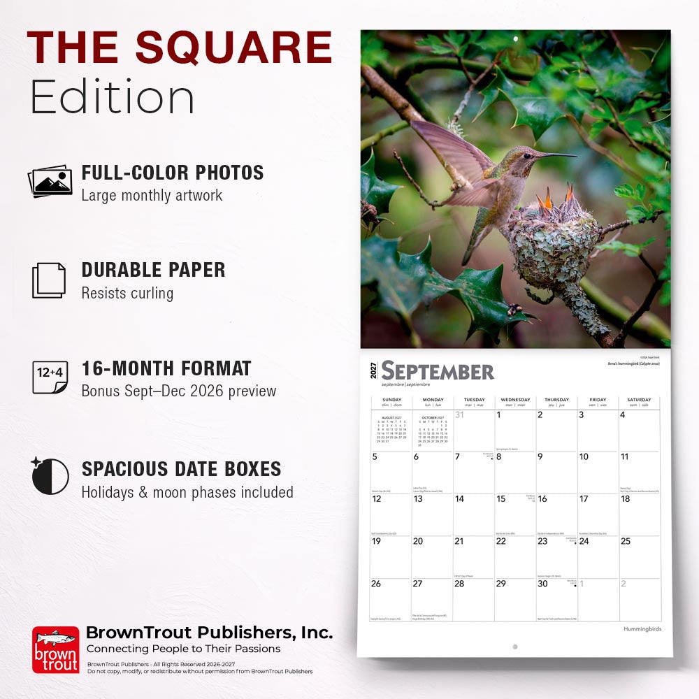 Hummingbirds | 2027 12 x 24 Inch (Hanging) Monthly Square Wall Calendar | Foil Stamped Cover