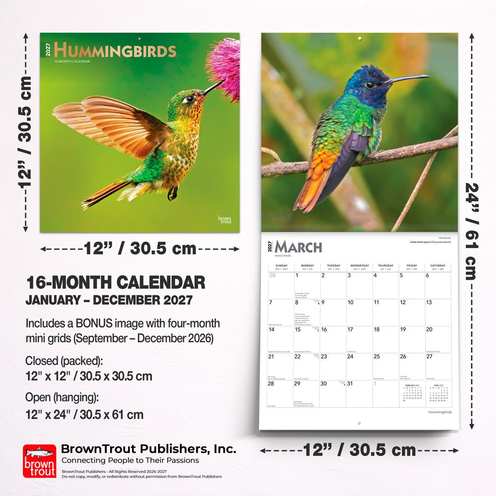 Hummingbirds | 2027 12 x 24 Inch (Hanging) Monthly Square Wall Calendar | Foil Stamped Cover