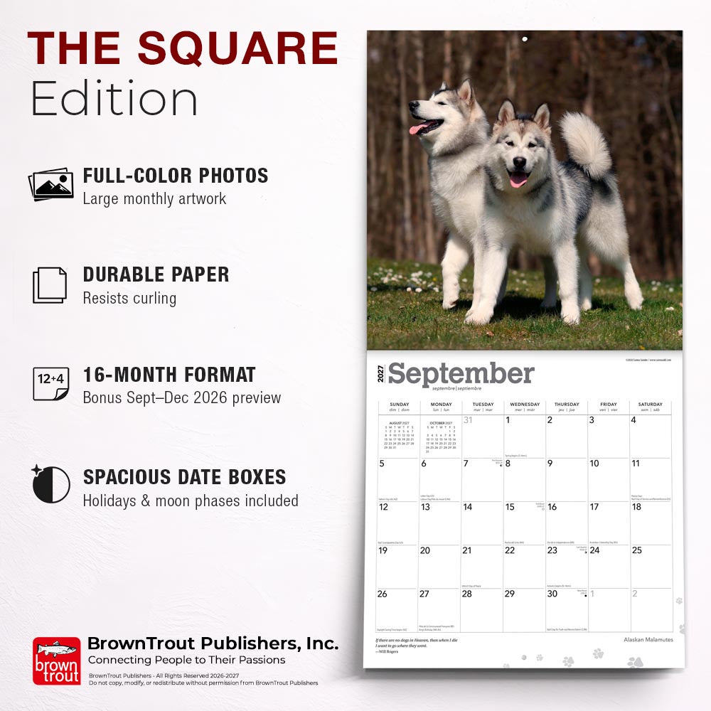 Alaskan Malamutes | 2027 12 x 24 Inch (Hanging) Monthly Square Wall Calendar