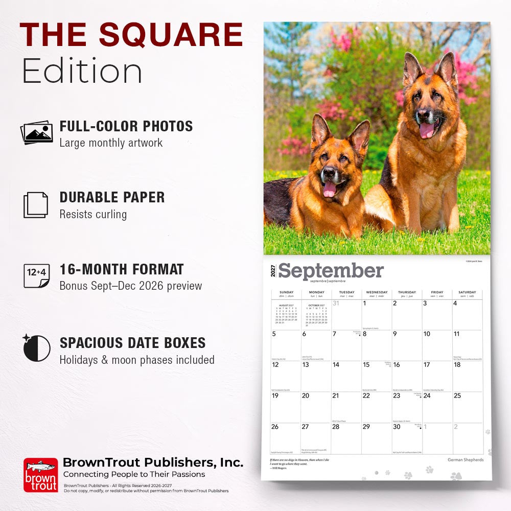 German Shepherds | 2027 12 x 24 Inch (Hanging) Monthly Square Wall Calendar