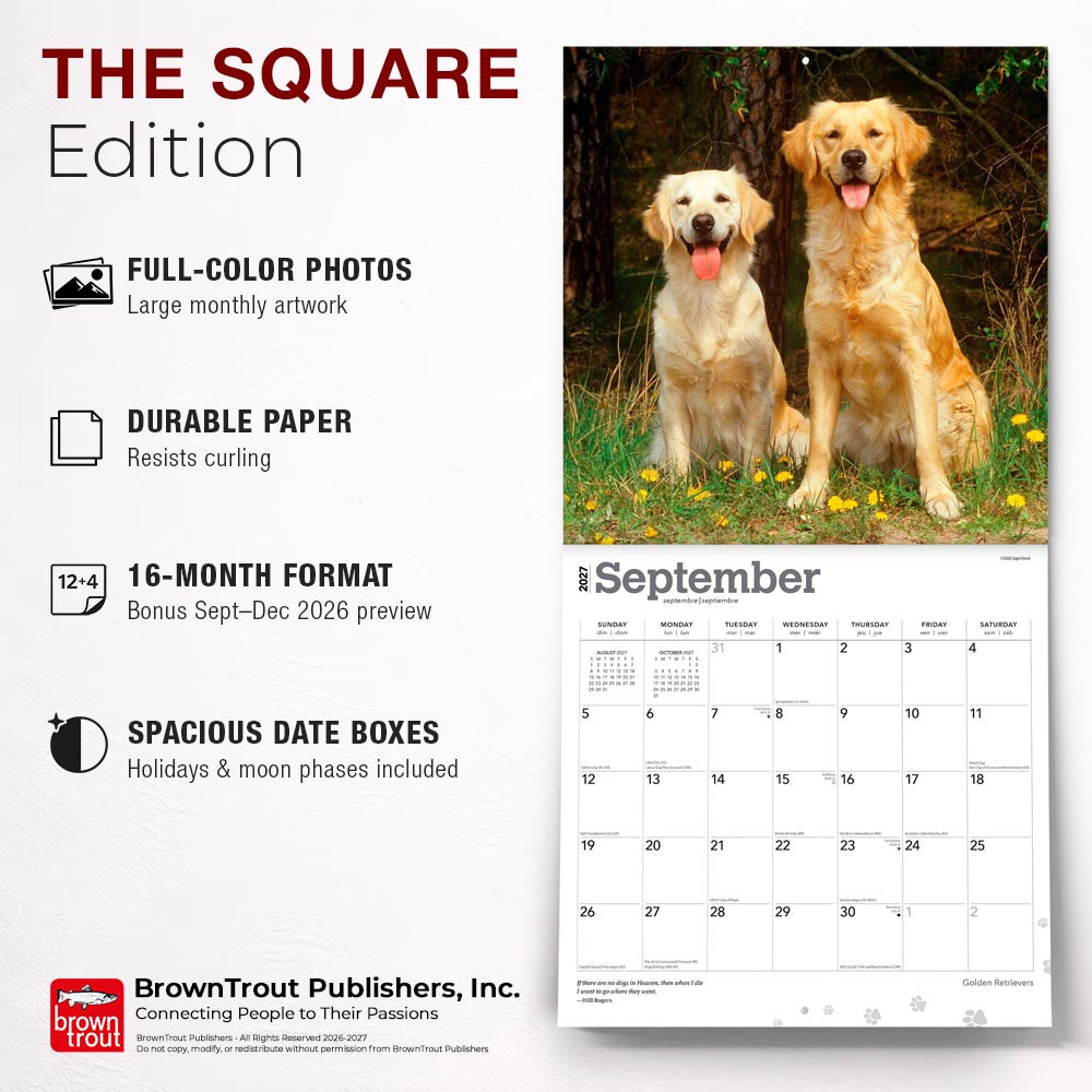 Golden Retrievers | 2027 12 x 24 Inch (Hanging) Monthly Square Wall Calendar | Foil Stamped Cover