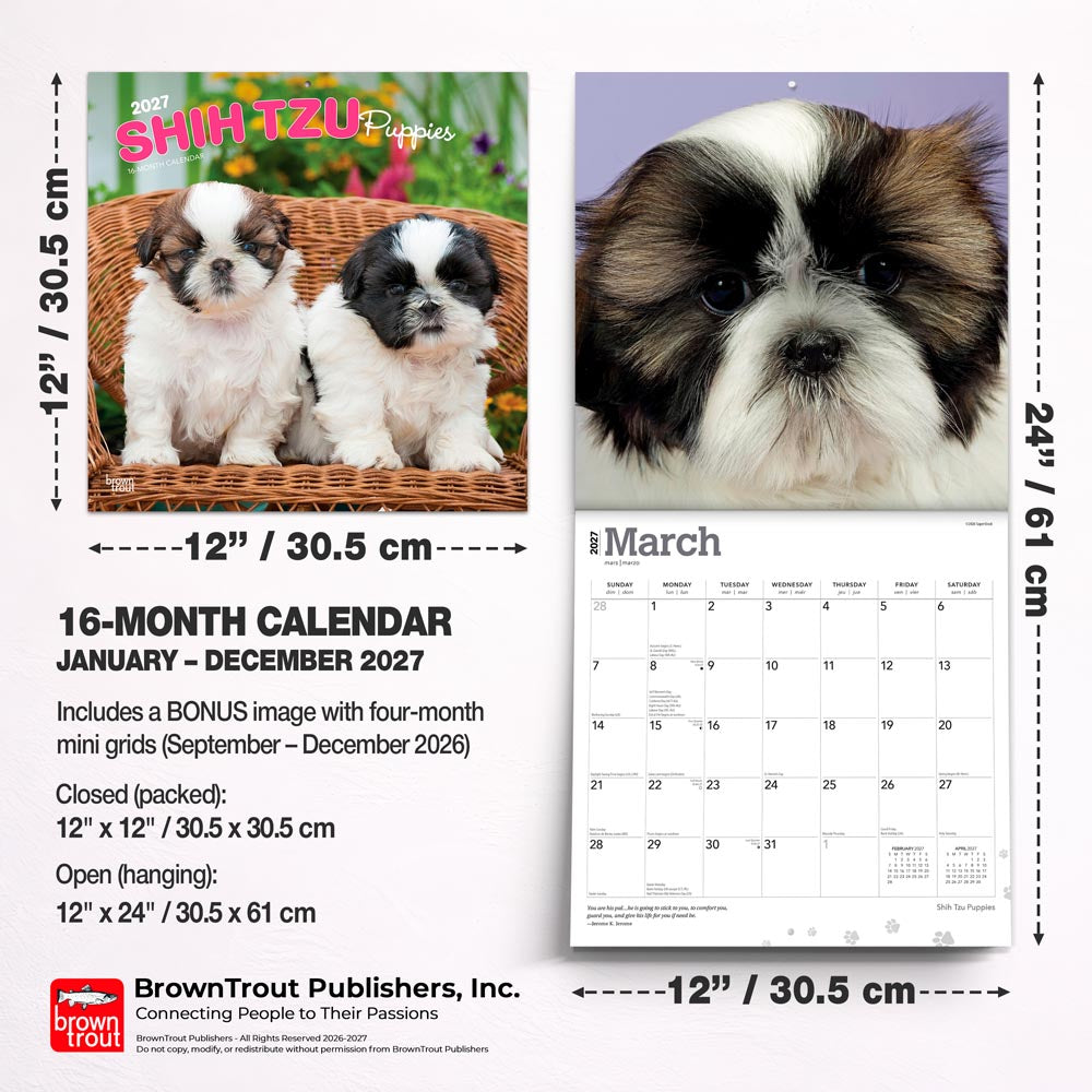 Shih Tzu Puppies | 2027 12 x 24 Inch (Hanging) Monthly Square Wall Calendar