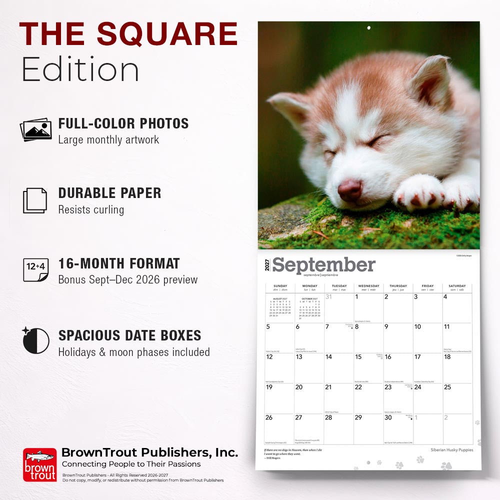 Siberian Husky Puppies | 2027 12 x 24 Inch (Hanging) Monthly Square Wall Calendar