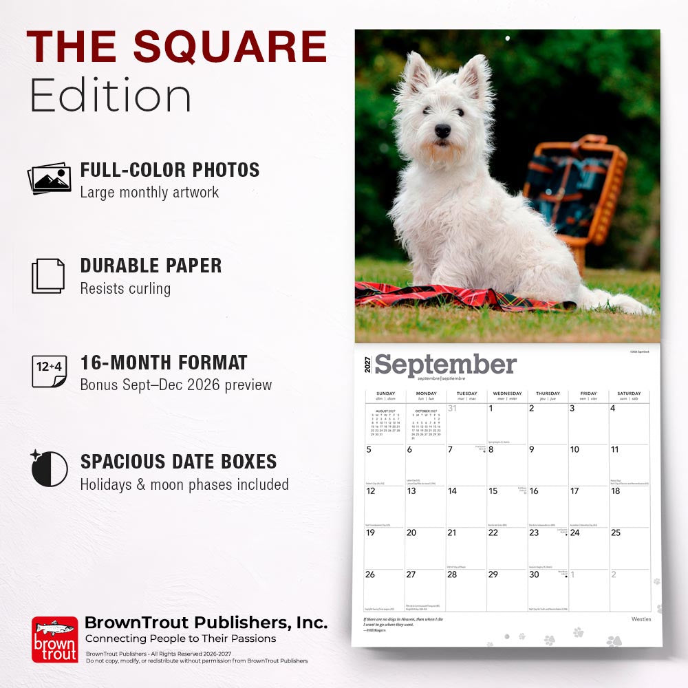 West Highland White Terriers | 2027 12 x 24 Inch (Hanging) Monthly Square Wall Calendar