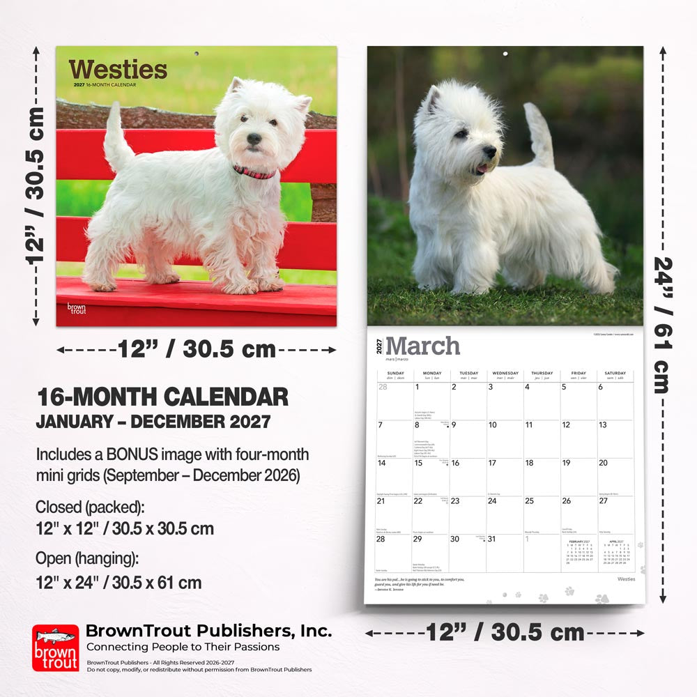 West Highland White Terriers | 2027 12 x 24 Inch (Hanging) Monthly Square Wall Calendar