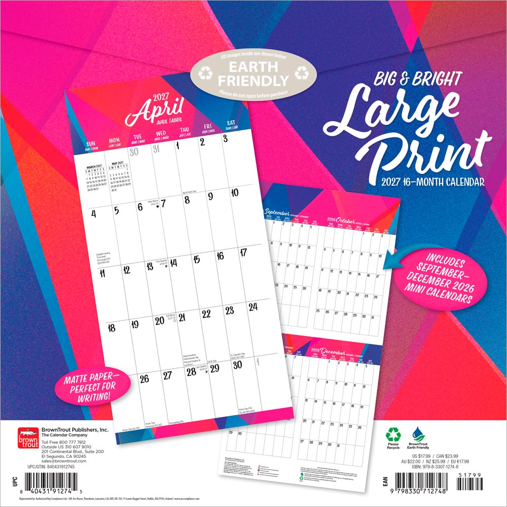 Big & Bright Large Print | 2027 12 x 24 Inch (Hanging) Monthly Square Wall Calendar | Matte Paper