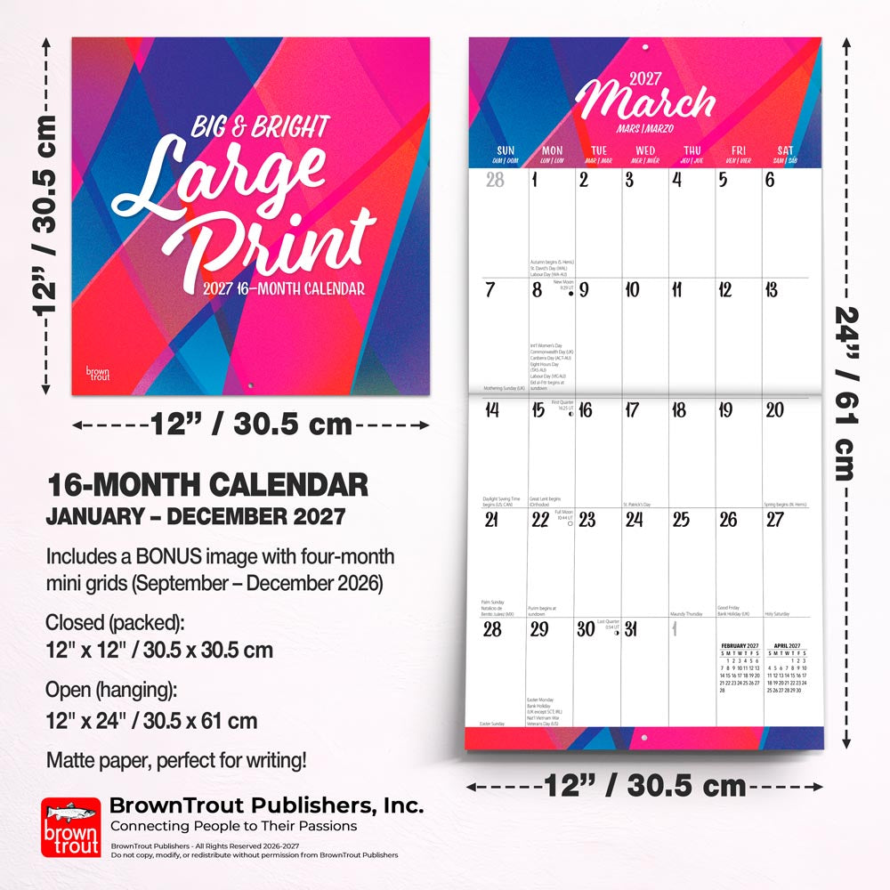 Big & Bright Large Print | 2027 12 x 24 Inch (Hanging) Monthly Square Wall Calendar | Matte Paper