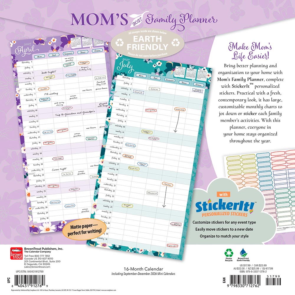 Mom's Family Planner | 2027 12 x 24 Inch (Hanging) Monthly Square Wall Calendar | Matte Paper and Sticker Sheet