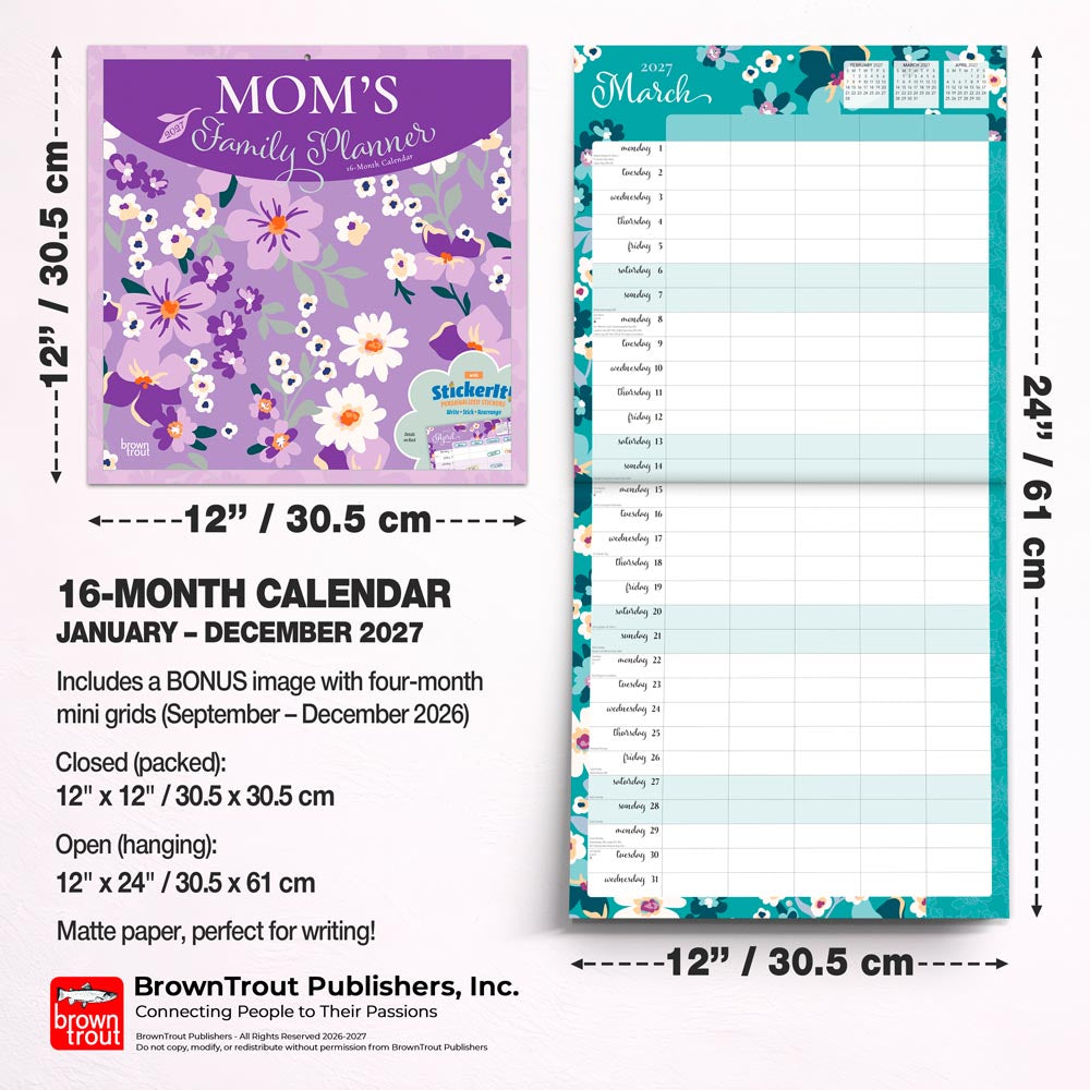 Mom's Family Planner | 2027 12 x 24 Inch (Hanging) Monthly Square Wall Calendar | Matte Paper and Sticker Sheet