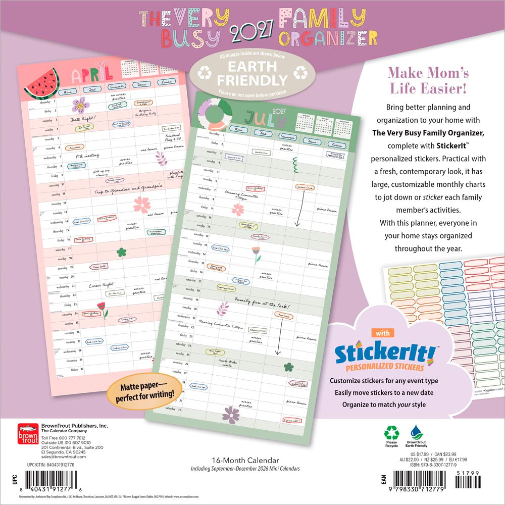 The Very Busy Family Organizer | 2027 12 x 24 Inch (Hanging) Monthly Square Wall Calendar | Matte Paper and Sticker Sheet