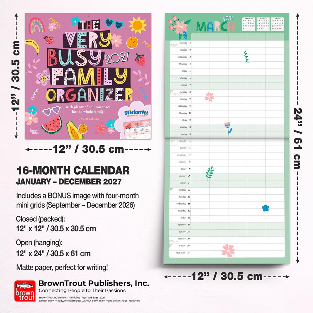 The Very Busy Family Organizer | 2027 12 x 24 Inch (Hanging) Monthly Square Wall Calendar | Matte Paper and Sticker Sheet