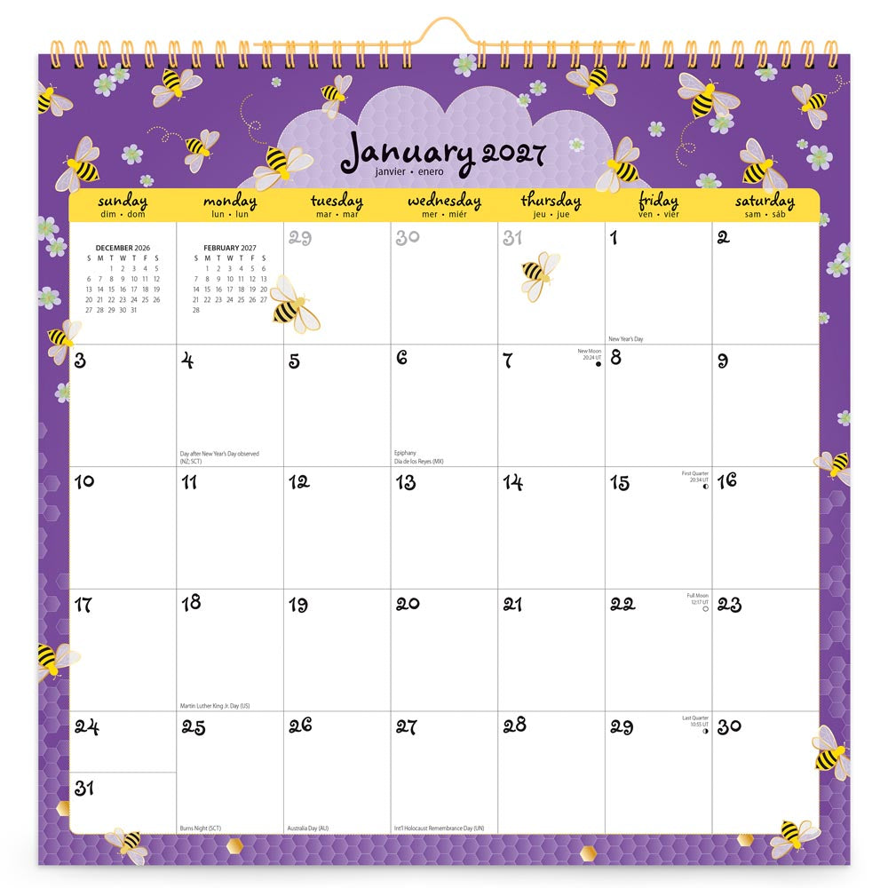 Busy Bees | 2027 12 x 12 Inch (Hanging) Monthly Square Wire-O Calendar | Sticker Sheet